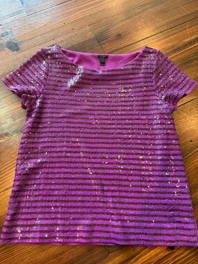 J Crew Purple Sequin Striped Short Sleeve Top